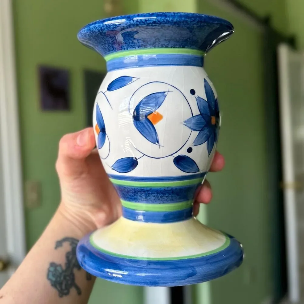 VTG Pfaltzgraff Floral Dainty Ceramic Blue + Orange Candlestick Holder Set of 2